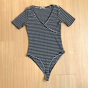 Faux-Wrap Striped Bodysuit